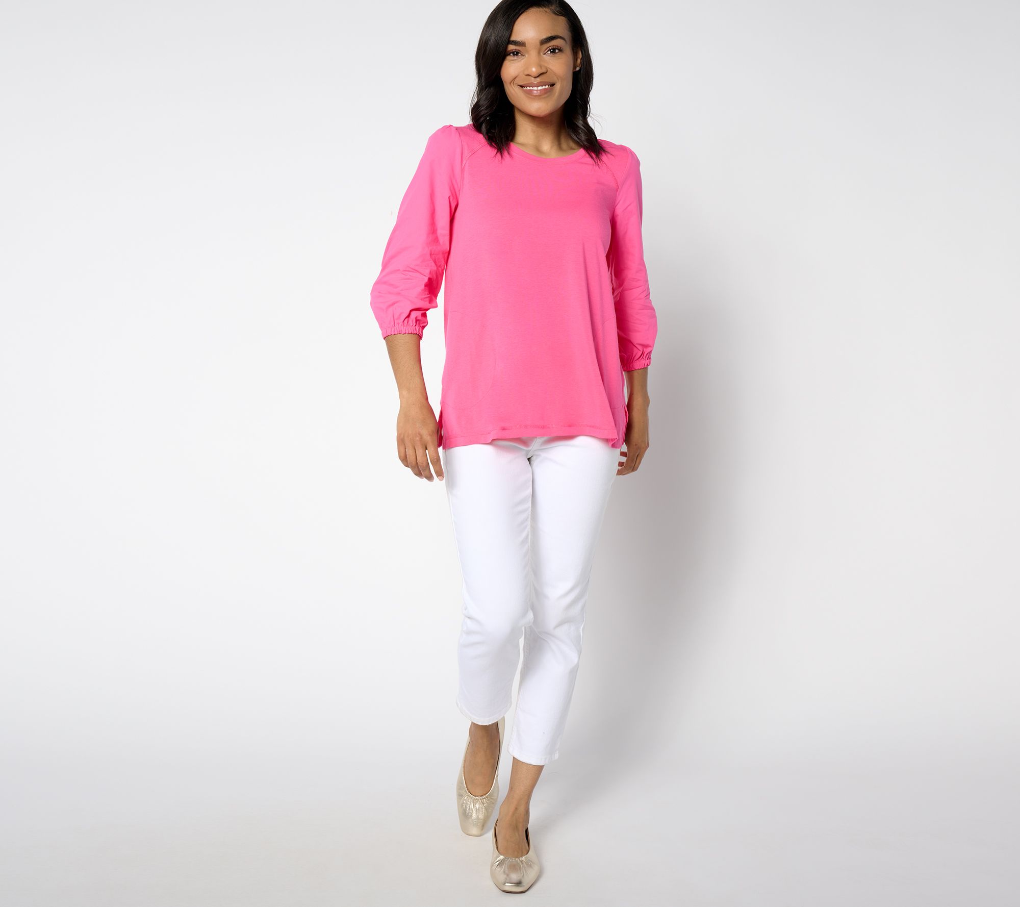 LOGO by Lori Goldstein Cotton Modal & Poplin 3/4 Sleeve Top - QVC.com