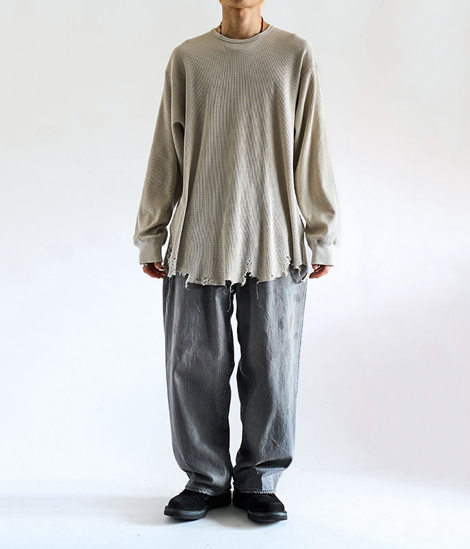 ANCELLM DAMAGE WAFFLE CREW LS T-SHIRT [GREIGE] - Fresh Service