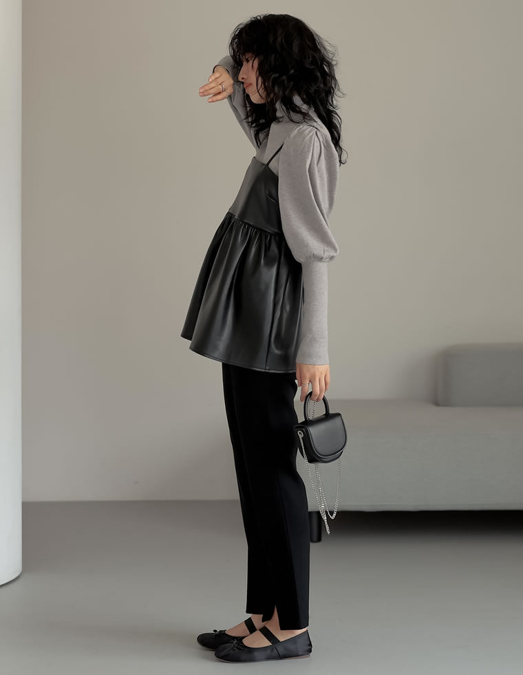 フェイクレザーベアキャミソールペプラムトップス - トップス通販