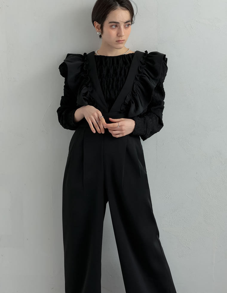 フロッキードットor無地フリルワイドストラップサロペット