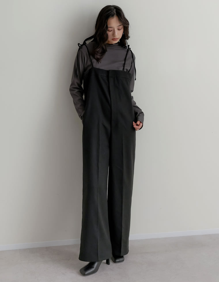 フロッキードットor無地フリルワイドストラップサロペット