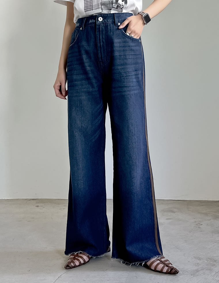 コットンデニムサイドラインワイドストレートパンツ - パンツ通販