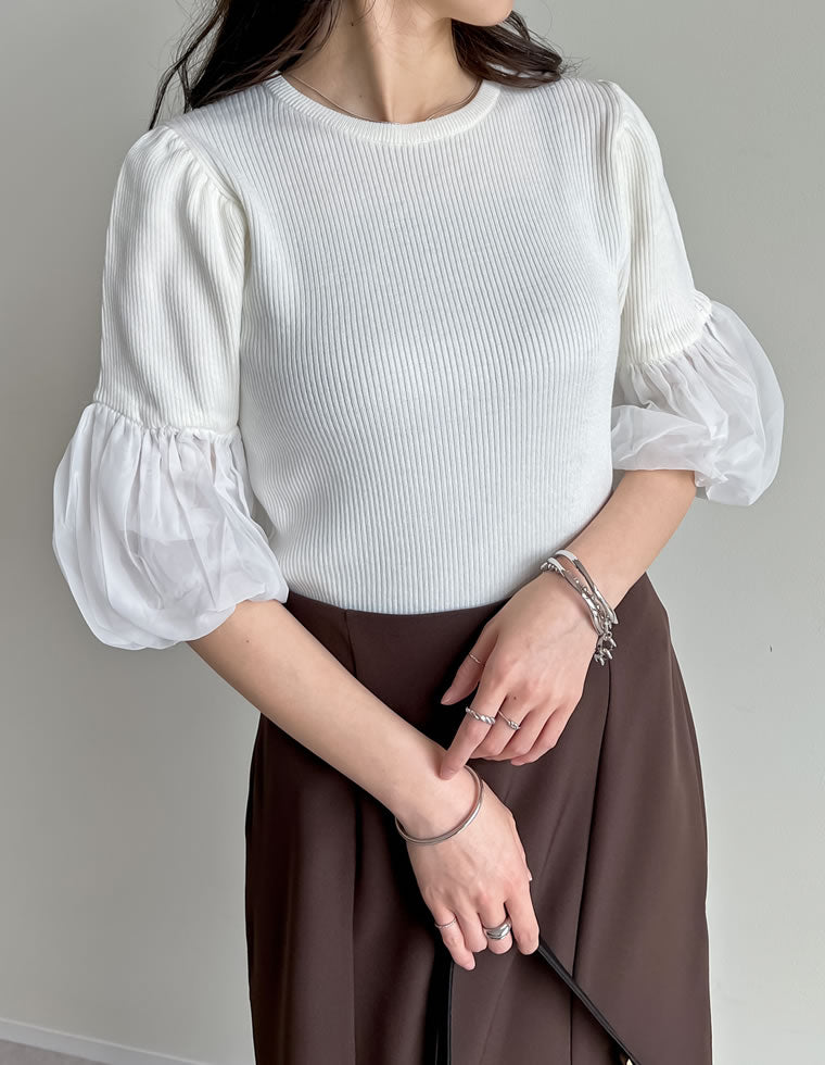 異素材袖バルーン七分袖リブニットトップス - トップス通販 | 人気