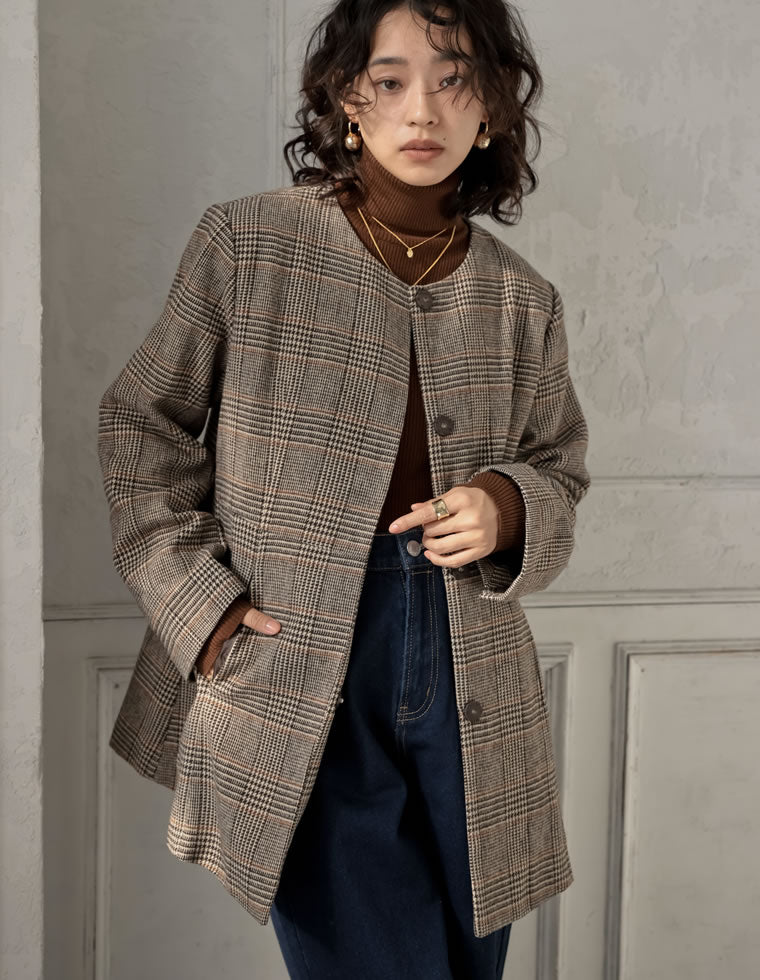 グレンチェックノーカラーフレアジャケット - ジャケット/アウター通販