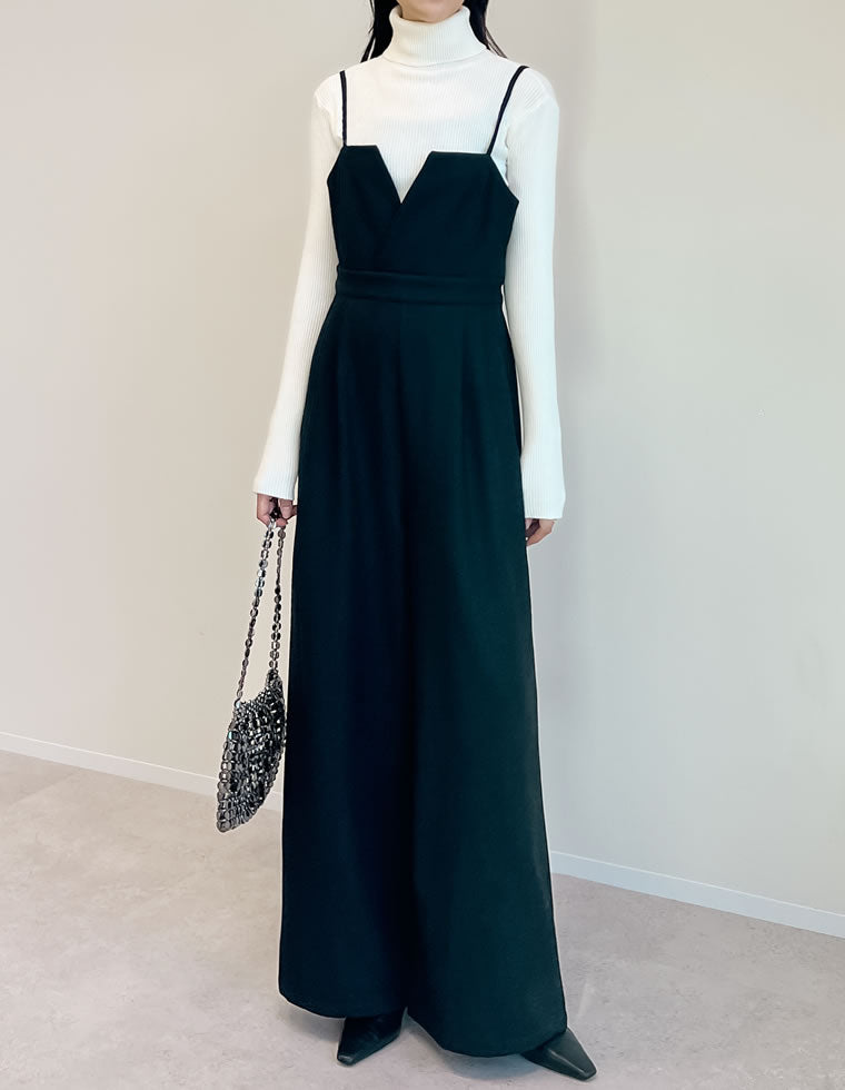 フロッキードットor無地フリルワイドストラップサロペット