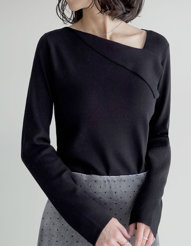 アシンメトリーネックニットトップス - トップス通販 | 人気レディース