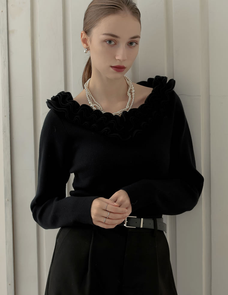 フリルVネックニットトップス - トップス通販 | 人気レディース