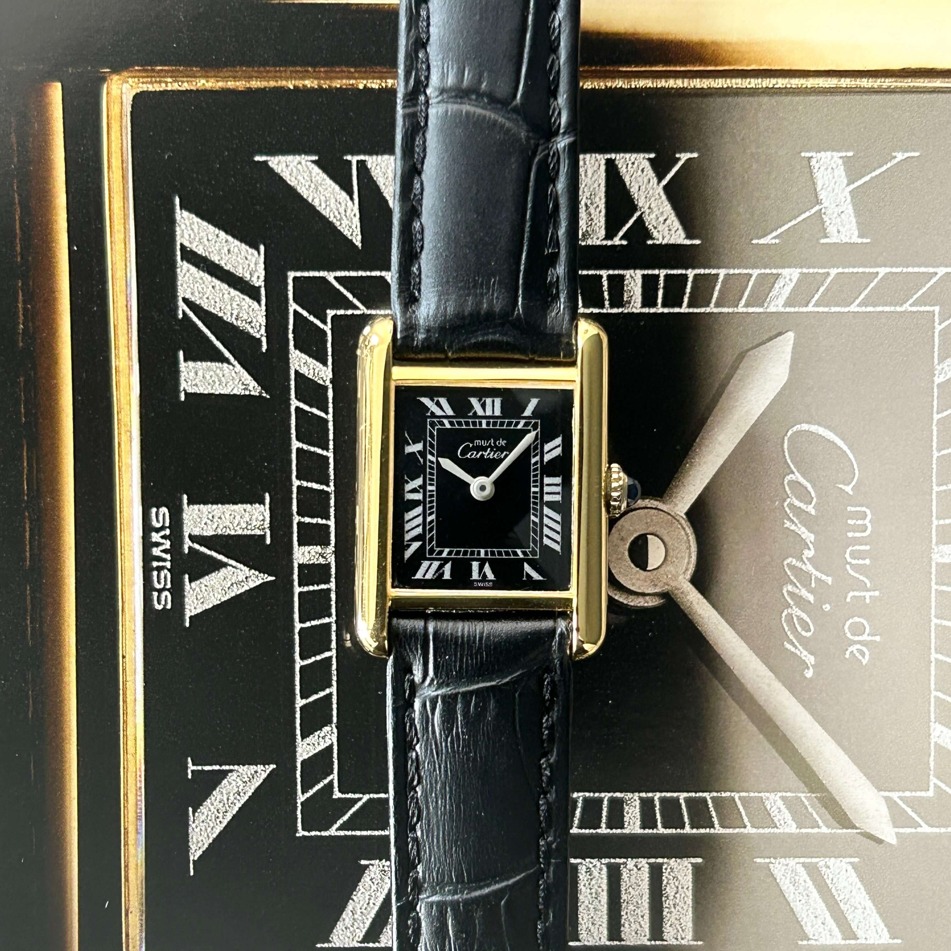 Cartier】カルティエ マストタンクSM 手巻きブラックローマ 純正尾錠付き