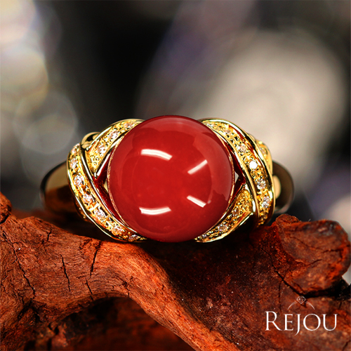 血赤珊瑚 10㎜ ダイヤモンド イエローゴールド リング(指輪)【品質