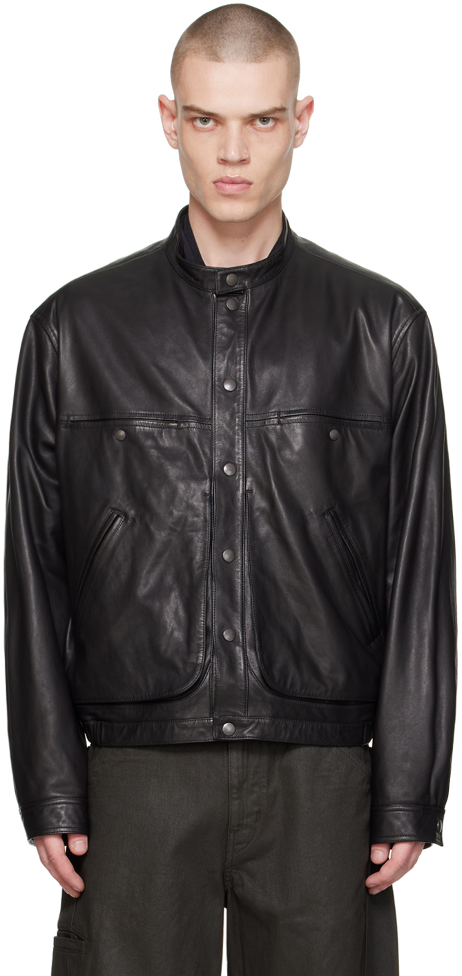 Lemaire Black Stand Collar Leather Jacket - Jackets - Free