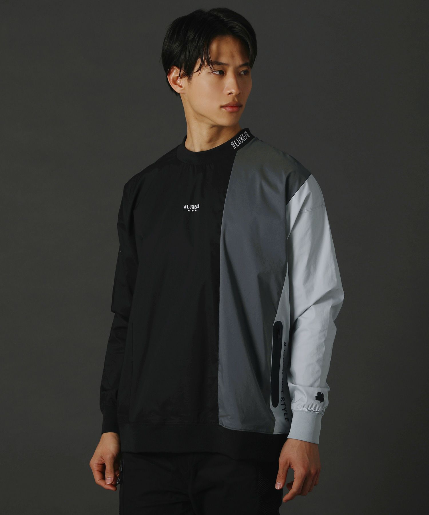 撥水加工ストレッチ布帛vertical color scheme止水ZIPハイネック長袖