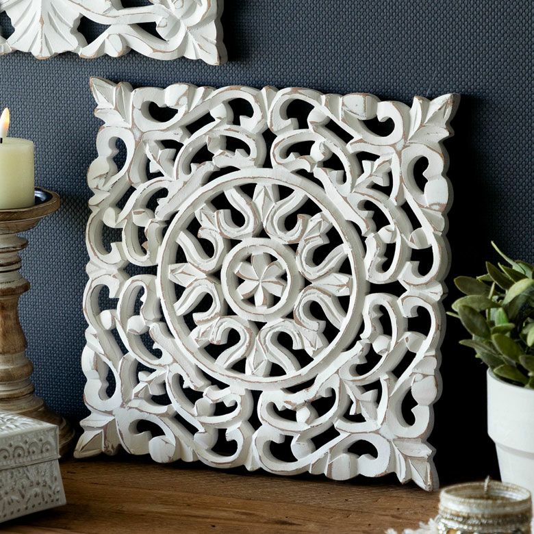 木彫り レリーフ 壁掛け アラベスク 白 ホワイト インド製 正方形 約 W