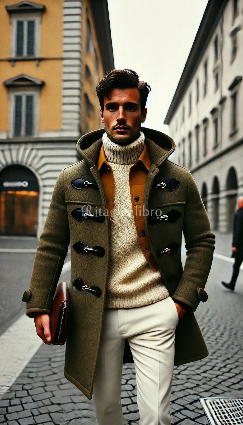 カーキダッフルコートとアイボリーニットで作る洗練スタイル