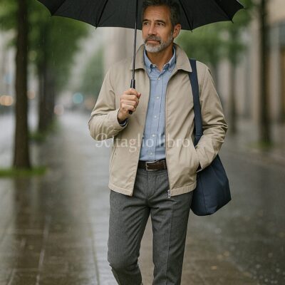 ベージュブルゾン×グレースラックスの雨の日コーデ｜梅雨に映える上品