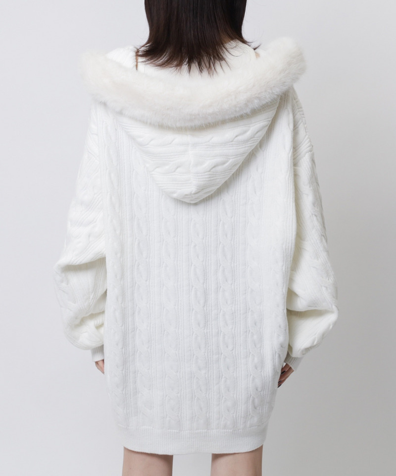 ぽんぽん付きケーブル編みZIPニットパーカーワンピース｜SPIRALGIRL