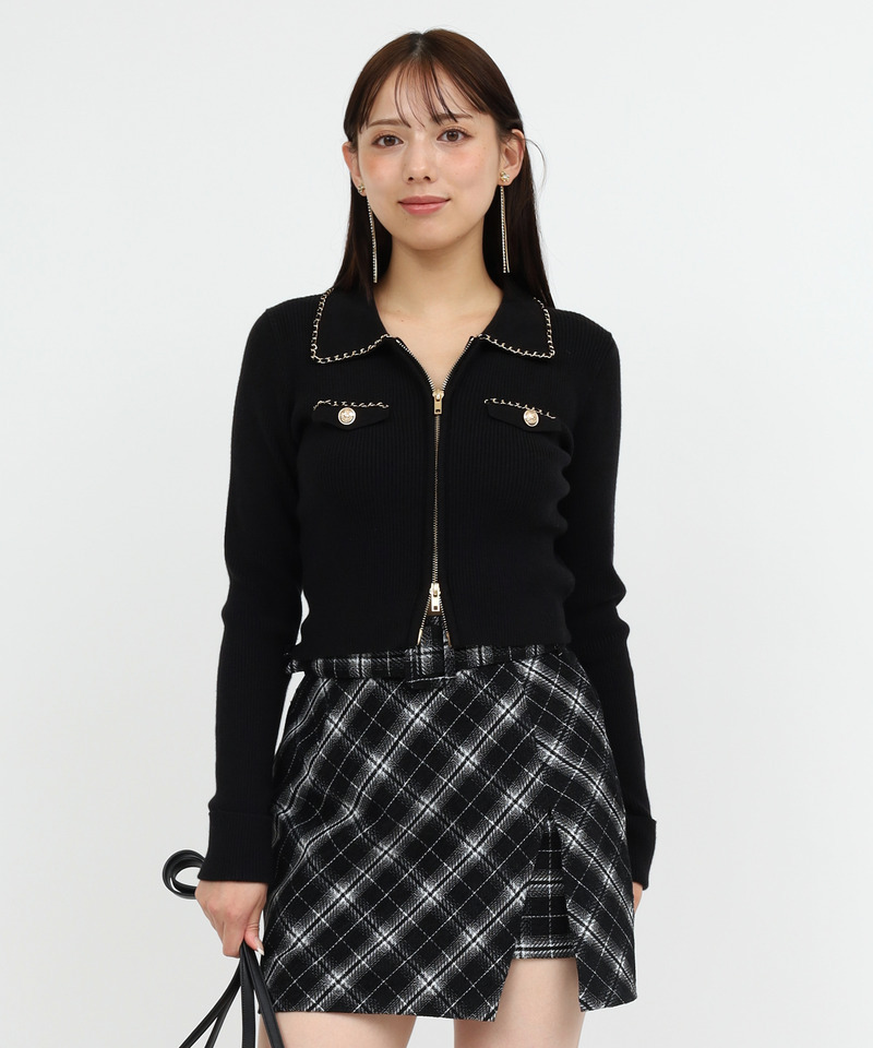 チェーントリミングダブルZIPタイトニットトップス｜ROYAL PARTY