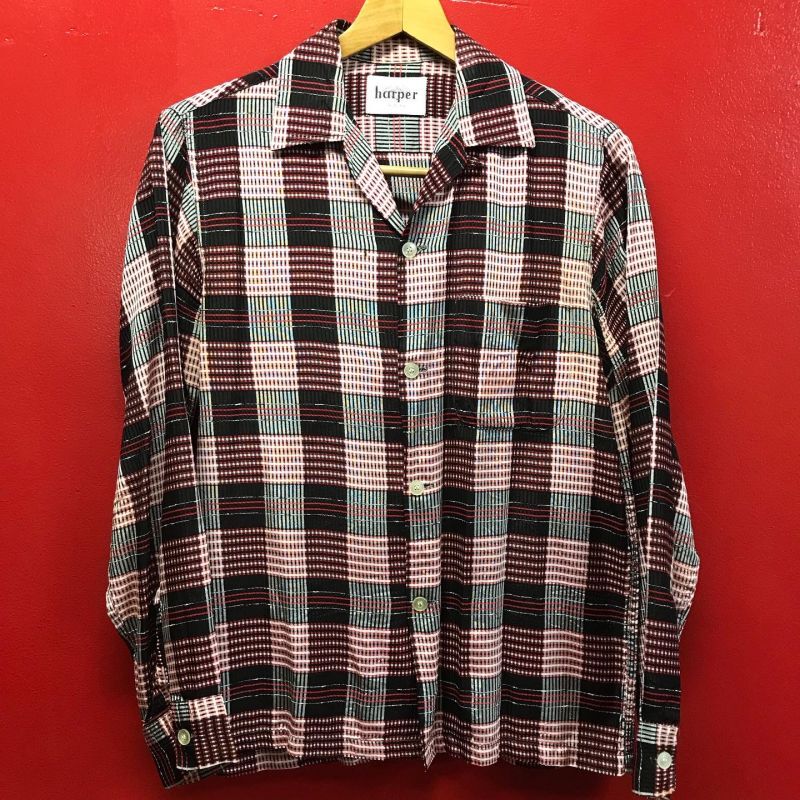 1950'S HARPER RED,BLACK,SILVER GRAY LUREX FLECK PLAID RAYON SHIRT