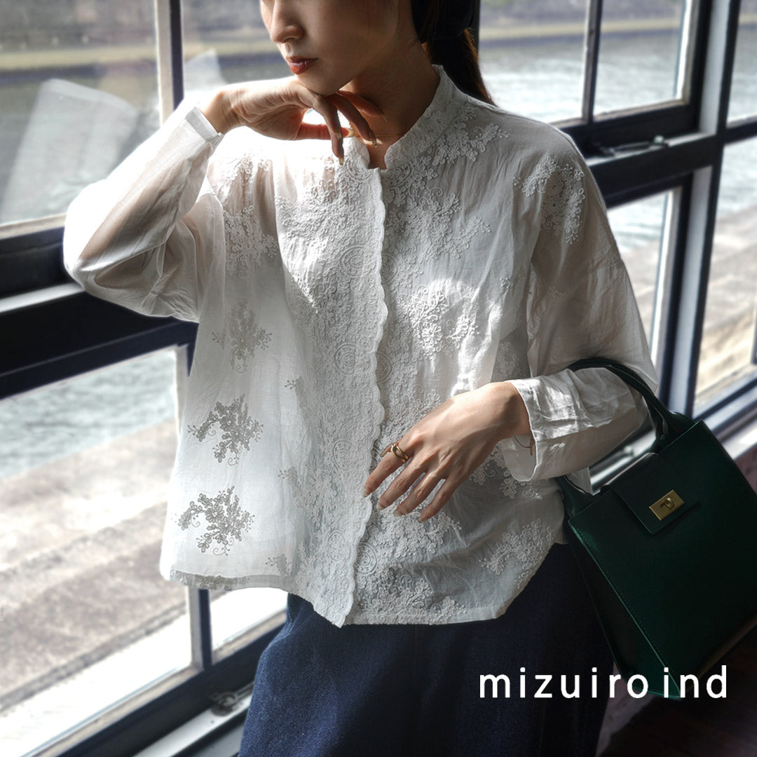 mizuiro ind（ミズイロインド） レース スタンドカラー シャツ