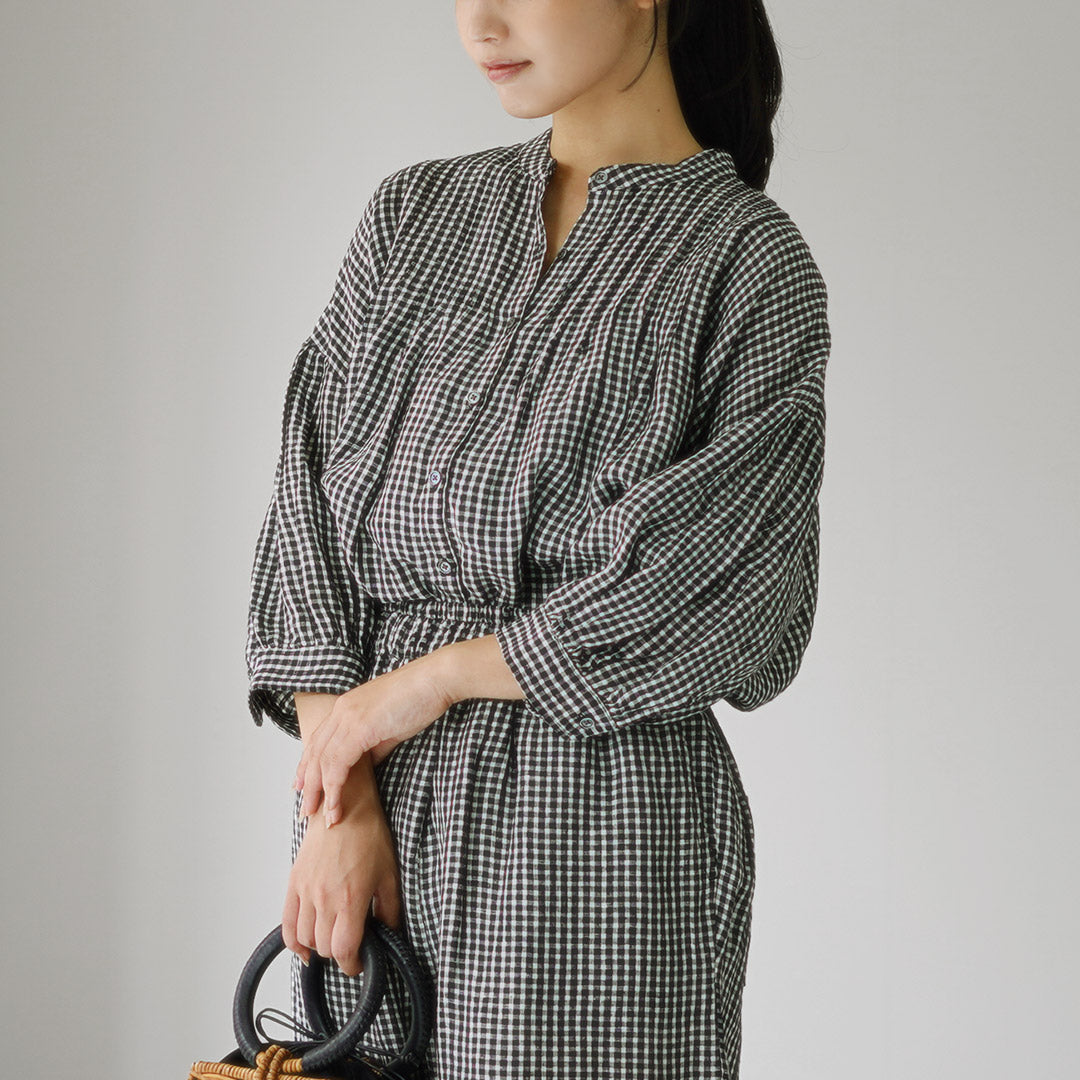 SOIL（ソイル） リネン チェック バンドカラー ピンタックシャツ