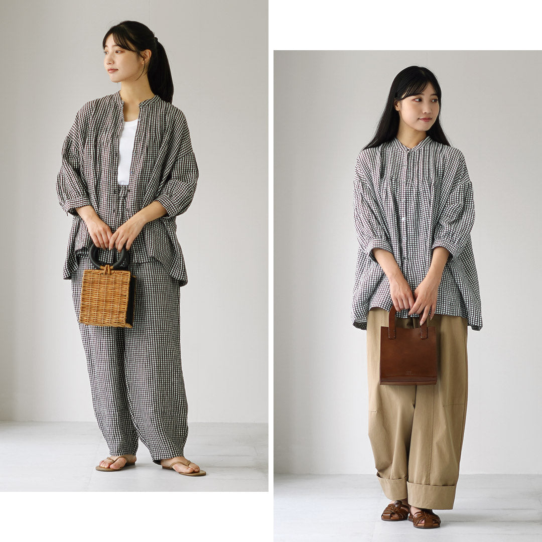 SOIL（ソイル） リネン チェック バンドカラー ピンタックシャツ