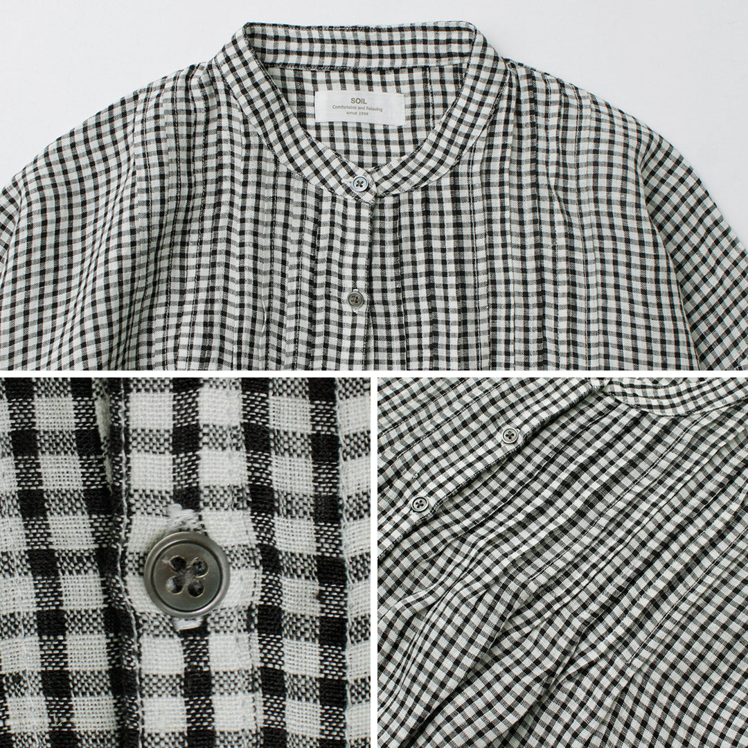 SOIL（ソイル） リネン チェック バンドカラー ピンタックシャツ