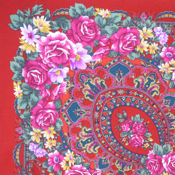 YVES SAINT LAURENT ペイズリーフラワー柄シルク大判スカーフ （赤系