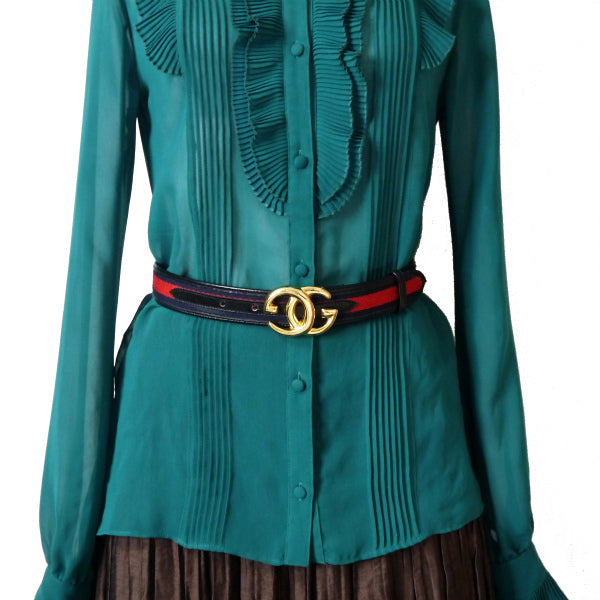 OLD Gucci シェリーラインGGバックルレザーベルト（青） – Vintage