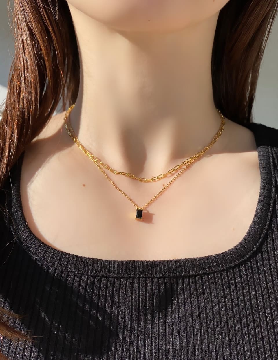 SET]ブラックオニキスネックレス＋オーバルチェーンネックレス