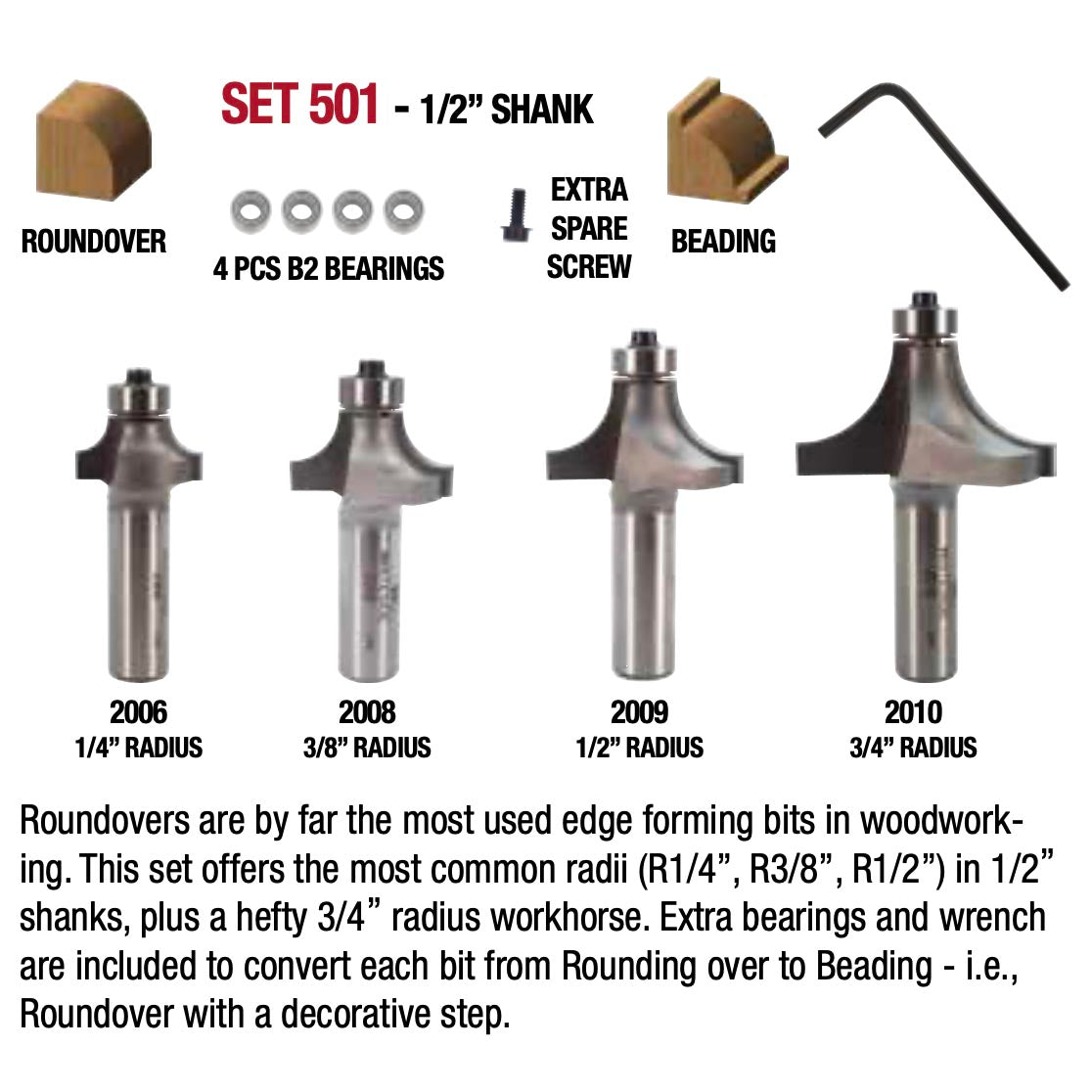 Whiteside, #501 Roundover & Beading Router Bit Set, 1/2