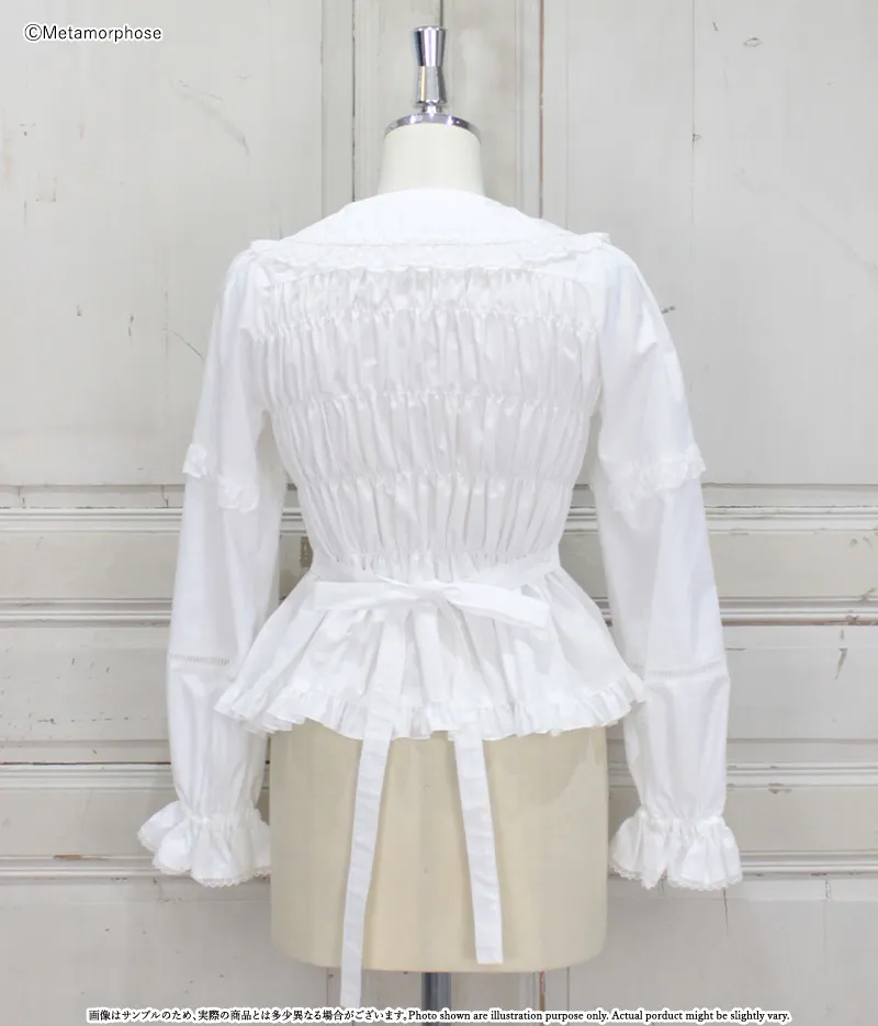 プラスサイズ】レース切替丸襟シャーリングブラウス - ブラウス