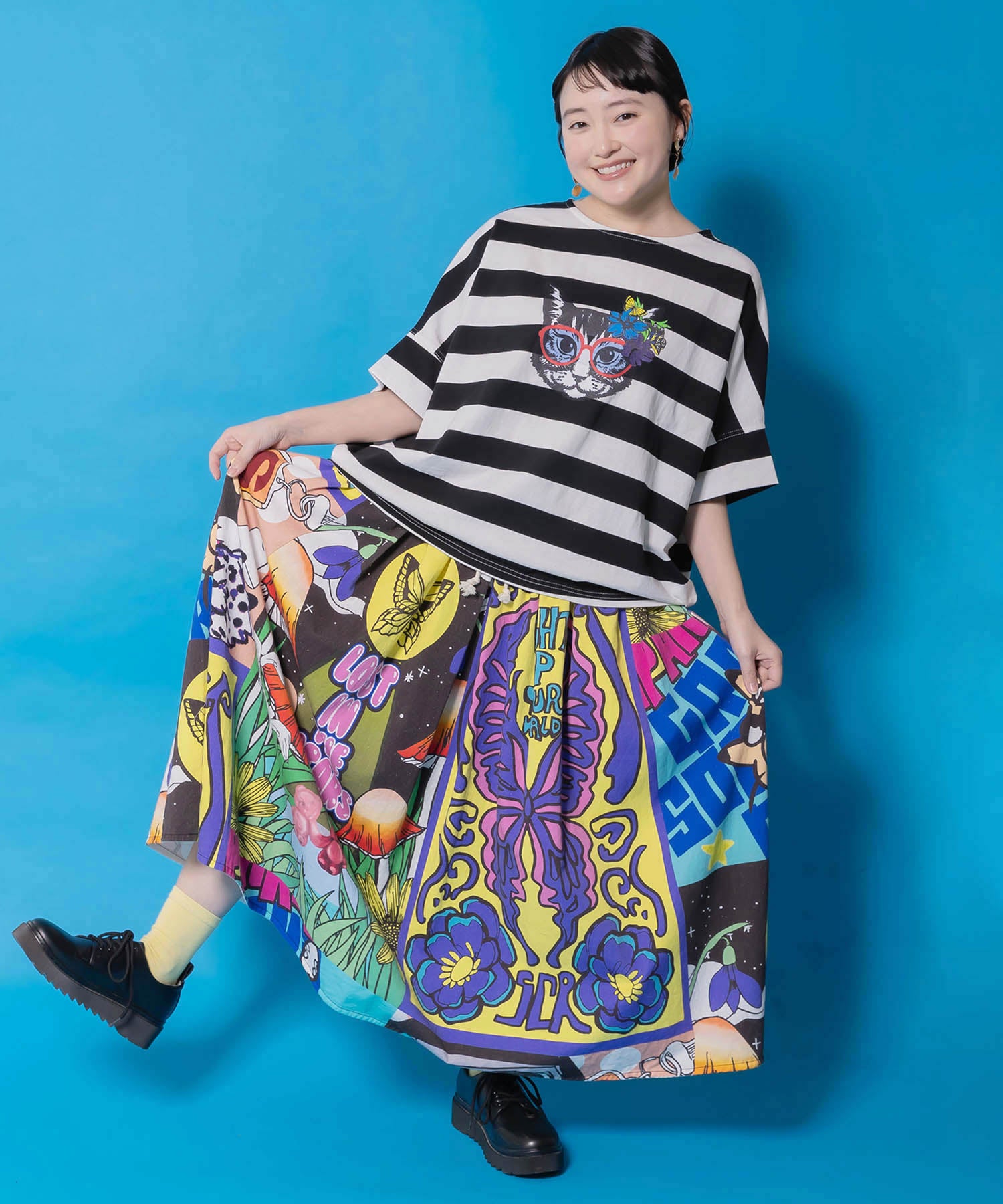 161641：蝶々とキノコのコラージュ柄スカートの通販-ScoLar