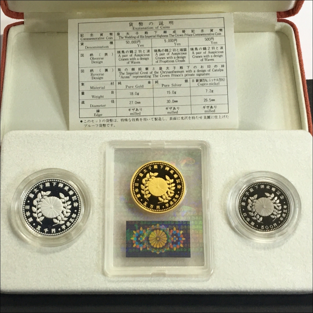 皇太子殿下御成婚記念 プルーフ貨幣3枚セット/五万円金貨/五千円銀貨