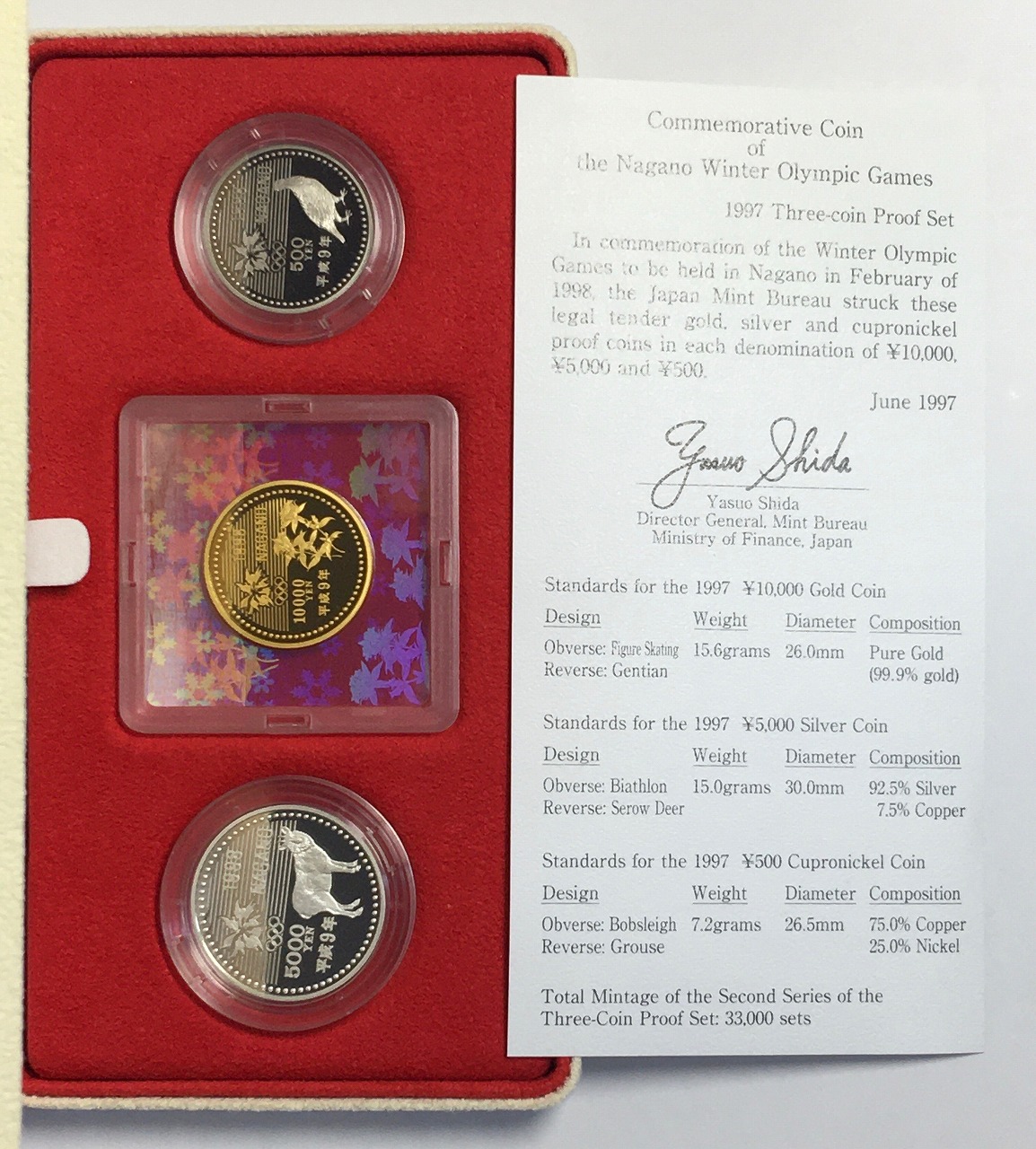 長野オリンピック冬季競技大会記念貨幣 1997年(H9) 金銀銅3枚セット