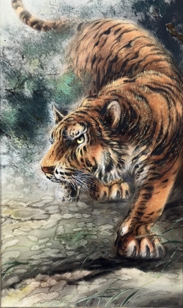 堀江玉鳳 猛虎 絹本 掛軸 共箱（師：玉置頼石）Gyokuho Horie|サムライ