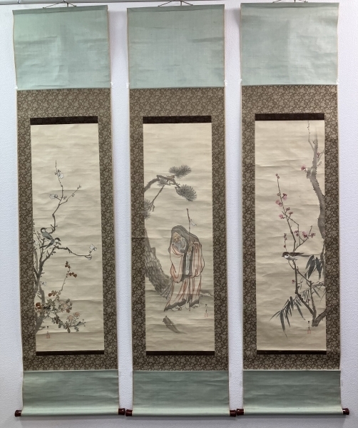 松村呉春 3幅（白梅・寿老人・赤梅） 絹本 掛軸 Goshun Matsumura