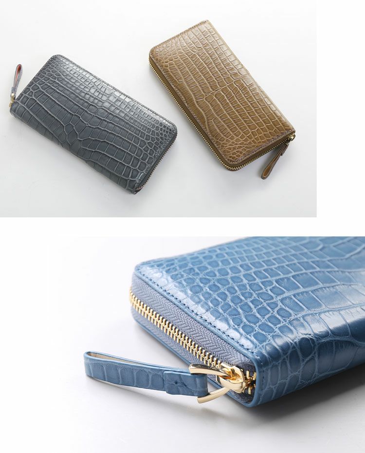 クロコダイル 長財布 メンズ マット加工 ラウンドファスナー 一枚革