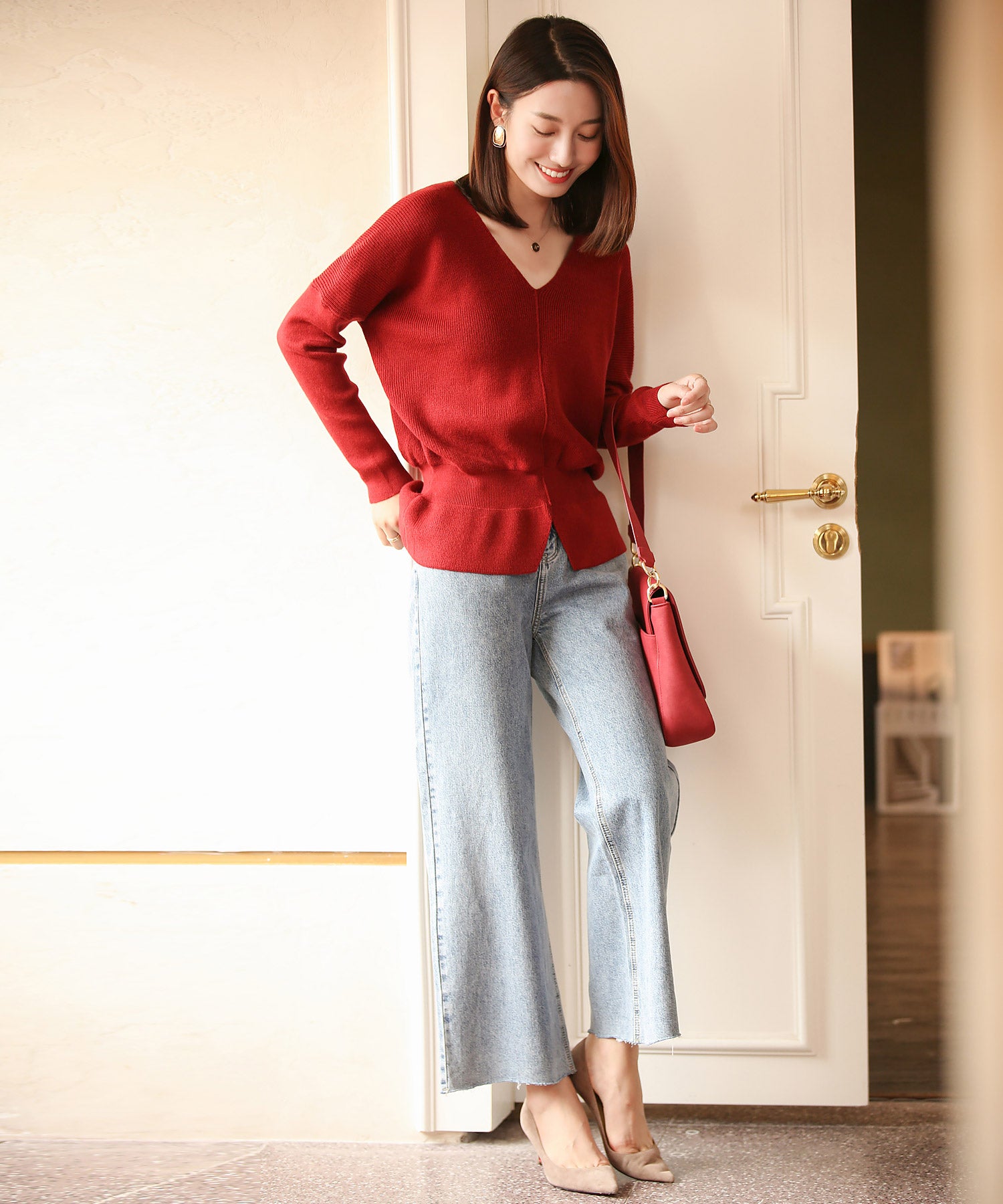 11色4size裾フレアペプラムニットトップスxy1020 ワイン – [公式