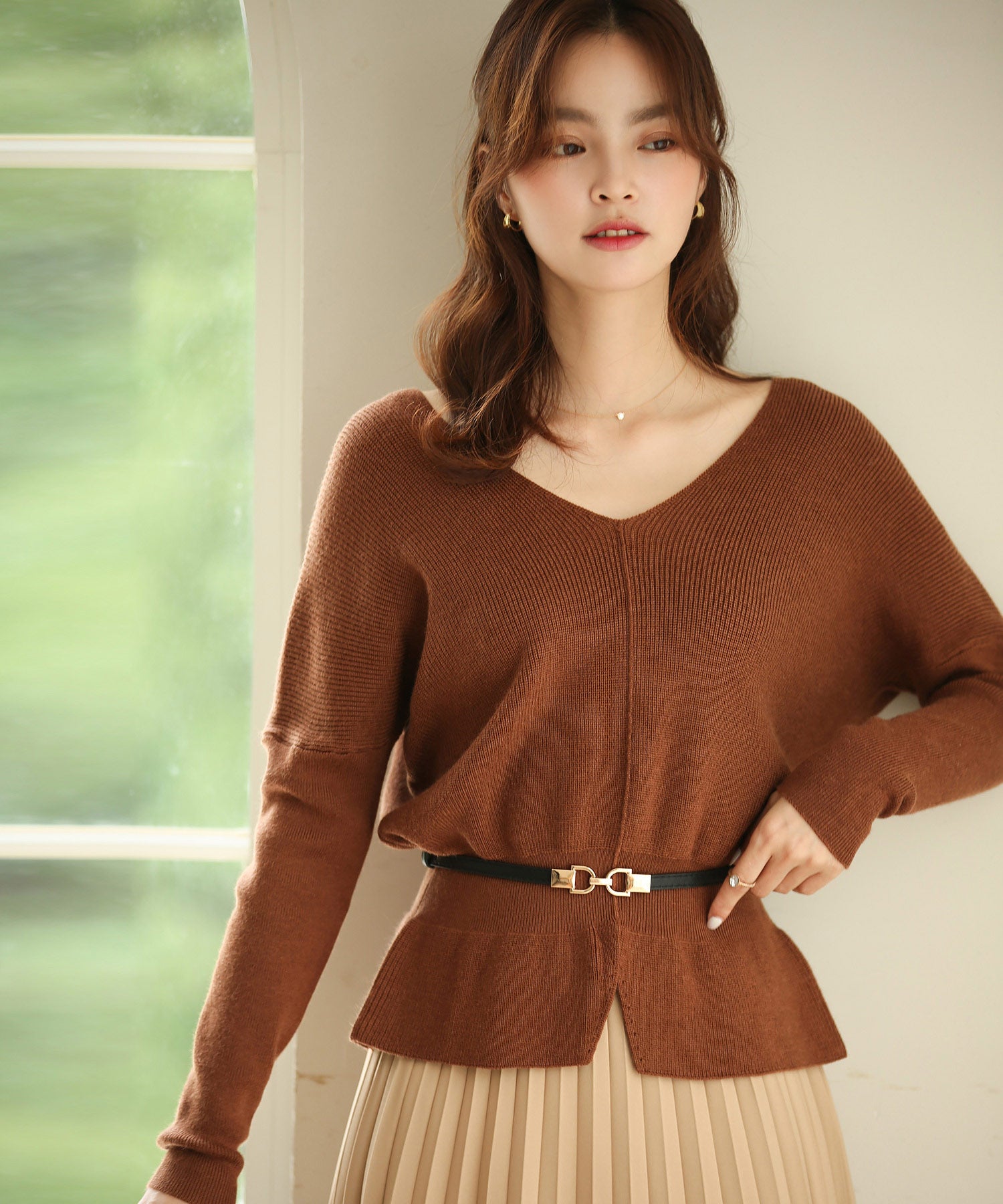 11色4size裾フレアペプラムニットトップスxy1020 ブラウン – [公式