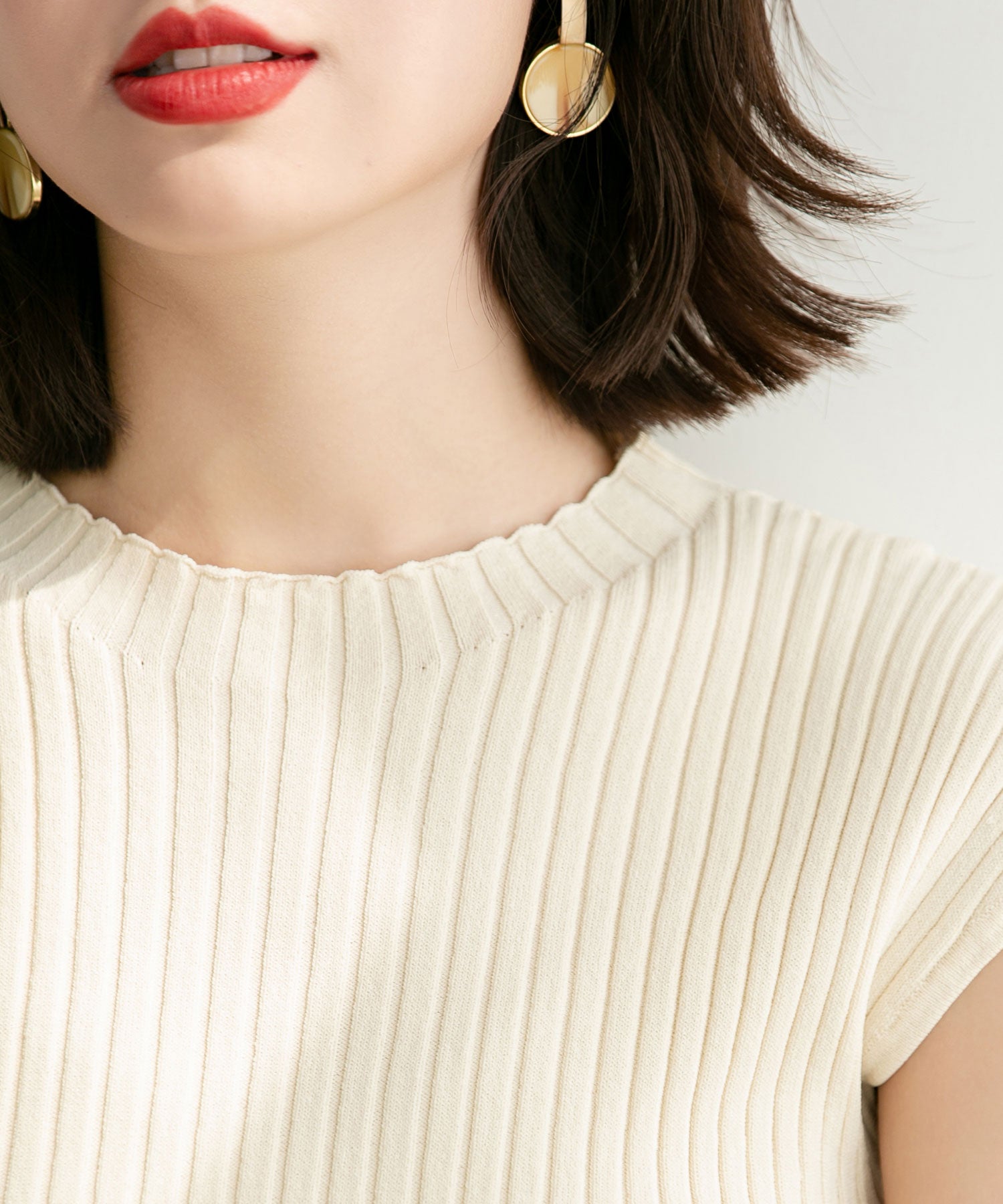 フレンチスリーブリブ切替サマーニットトップスxyf9299 アイボリー