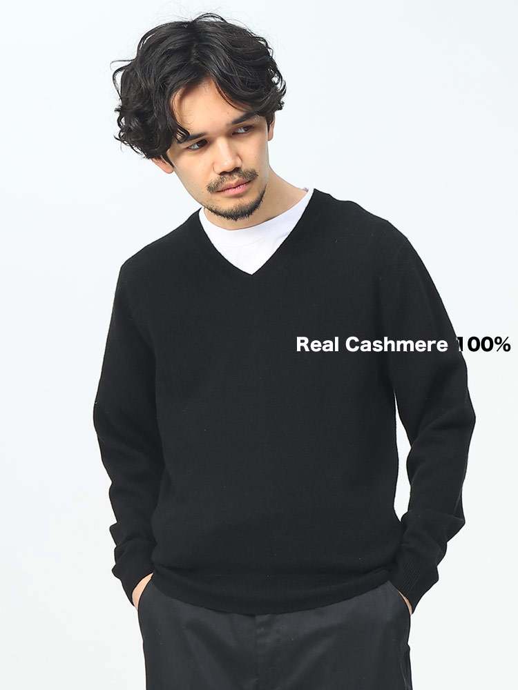 DESHENG (デシェン) カシミヤ100％ 12G 無地 Vネック セーター M L LL