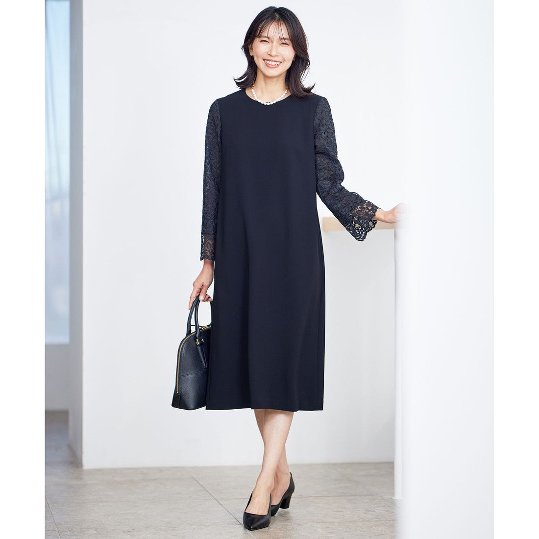 23区 【洗える】トリアセダブルジョーゼット ワンピース （ネイビー系