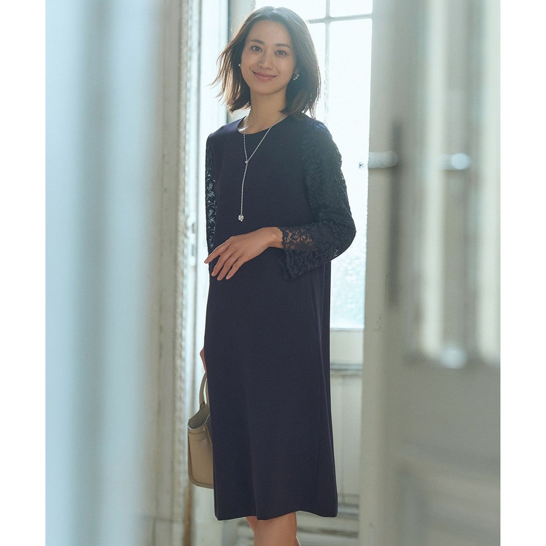 23区 【洗える】トリアセダブルジョーゼット ワンピース （ネイビー系