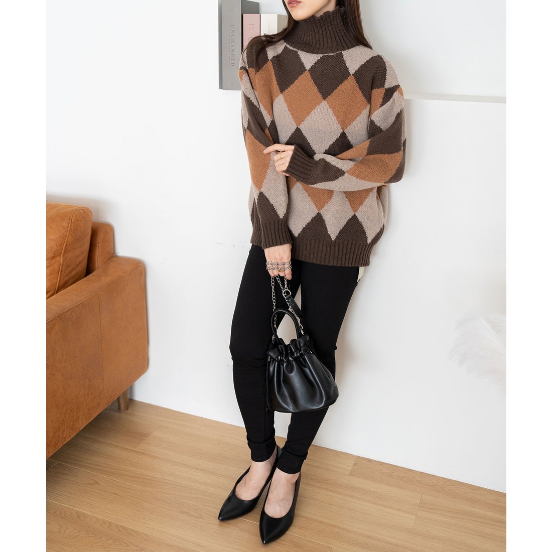 ニナエリナ Nina et Lina タートルネックアーガイルニット （キャメル