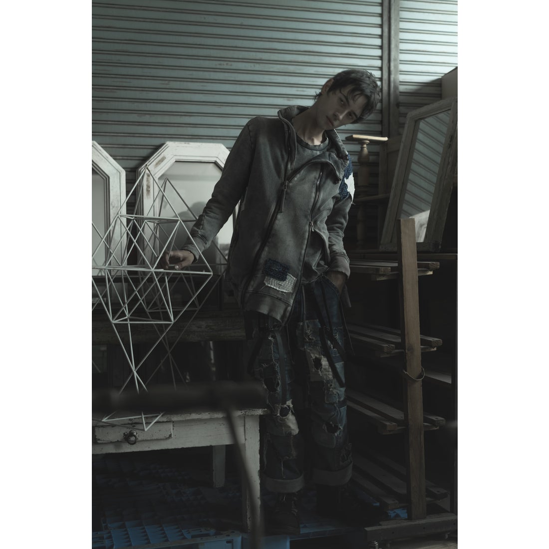 ディーハイゲン D.HYGEN 無燃糸裏毛パッチダメージWジップハイネック