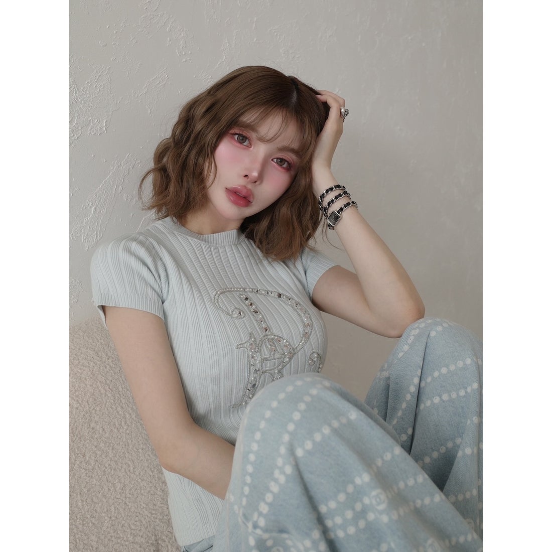 ダーリッチ Darich DRビジューリブニットトップス （ピンク