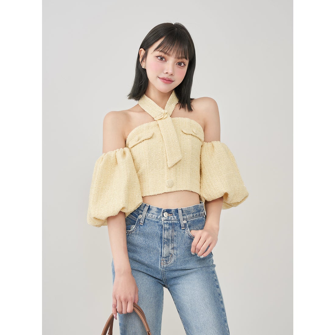 ダーリッチ Darich ホルターネックオフショルツイードトップス