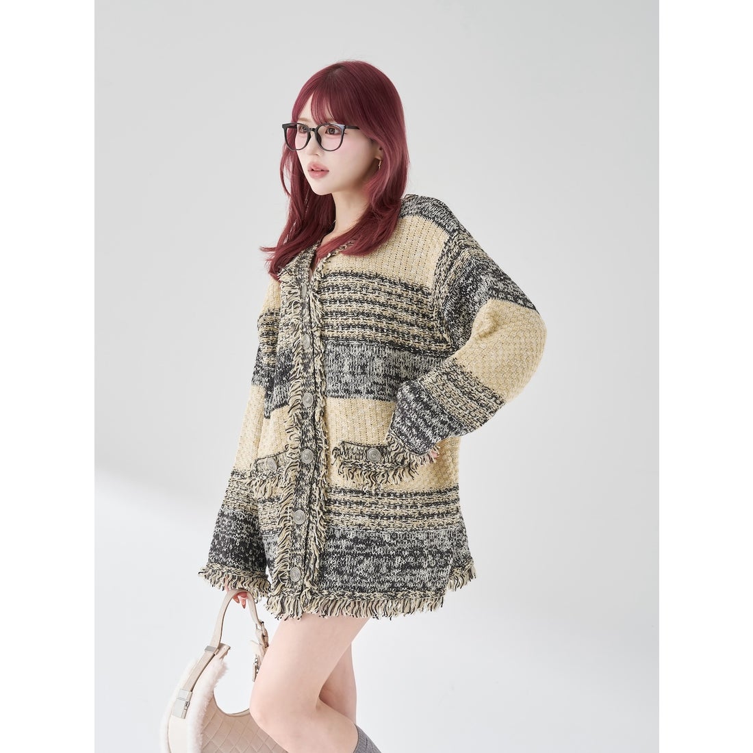 ダーリッチ Darich ツイードボーダーニットカーディガン （イエロー