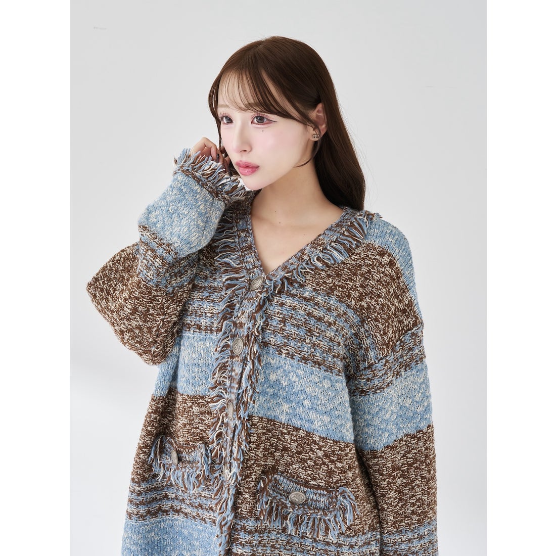 ダーリッチ Darich ツイードボーダーニットカーディガン （ピンク