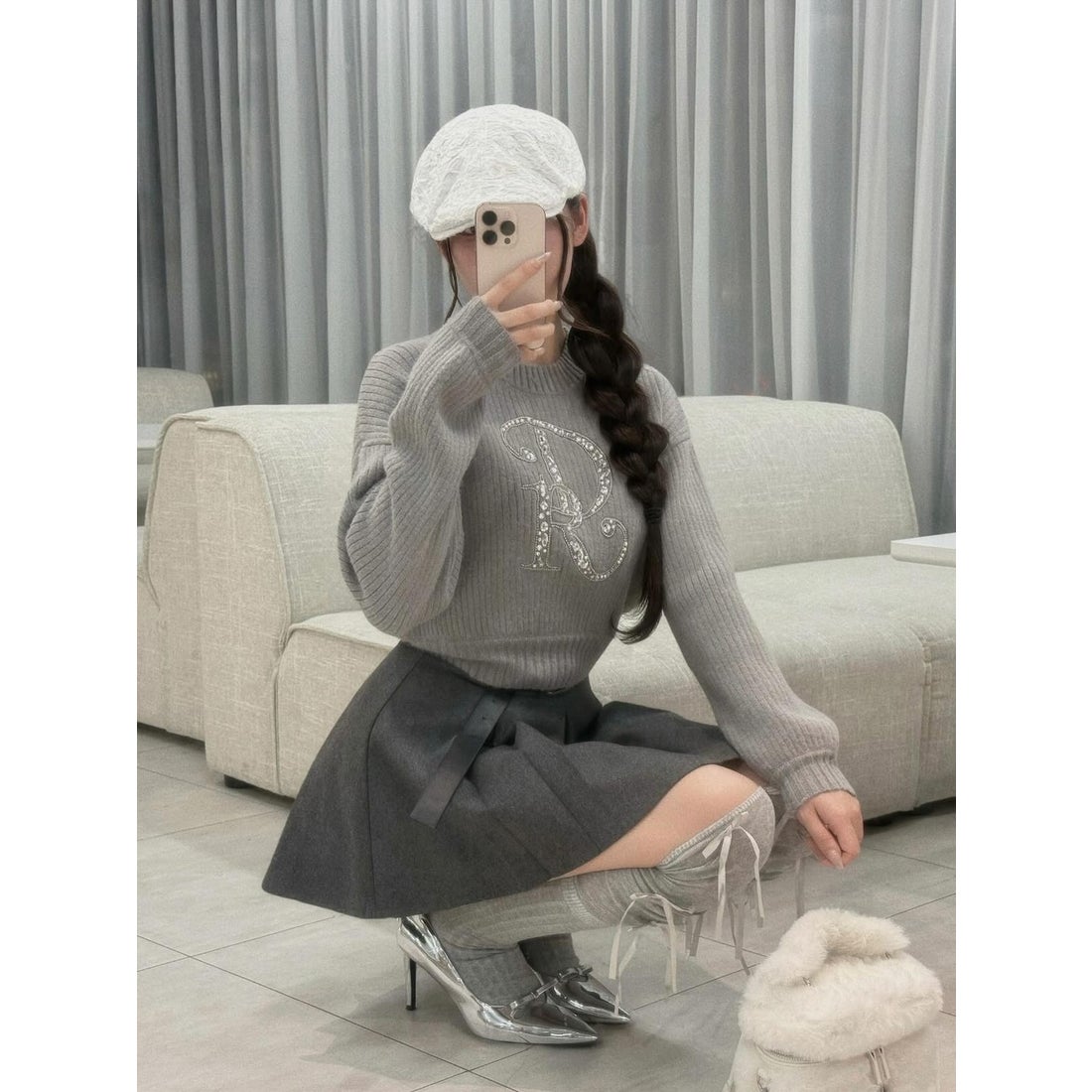 ダーリッチ Darich DRビジューボリュームリブニットトップス （グレー