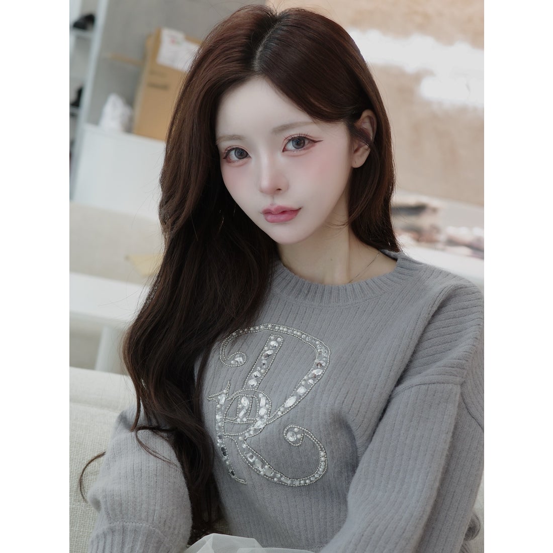 ダーリッチ Darich DRビジューボリュームリブニットトップス （グレー